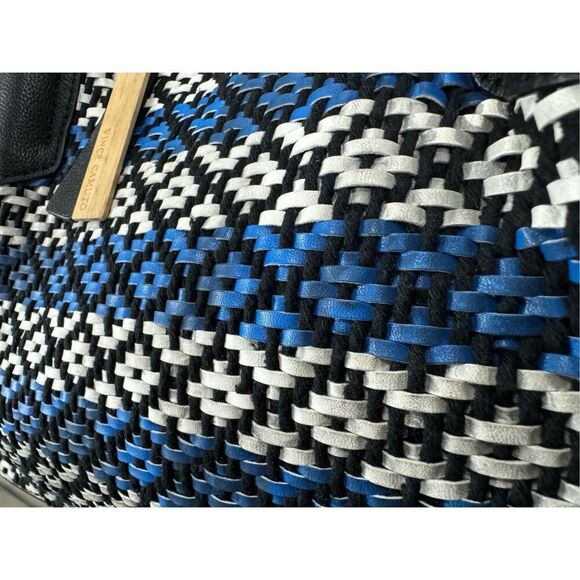 Vince Camuto Blue White Woven Harlo Tote Shoulder Leather Blend Purse - Picture 4 of 15